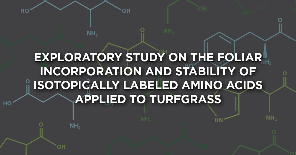 chemistry background with text overlay "New Study Finds Amino Acids Externally Applied to Turfgrass Foliage Are Rapidly Absorbed and Remain Stable for Plant Metabolism"